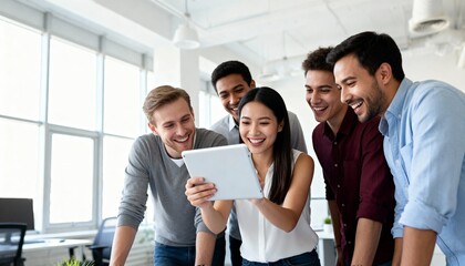 Modern diverse team collaborating enthusiastically on a tablet in a bright, contemporary office space, perfect for business and technology backgrounds with copy space.