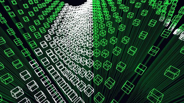 Isometric grid of wireframe nodes in a wave animation. Procedural cyberpunk security booting sequence. Seamless loop of digital network architecture.