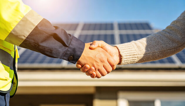 Close up handshake between solar installer and homeowner in front of rooftop photovoltaic panels partnership agreement for renewable energy installation