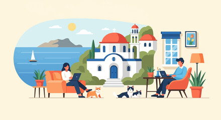 Obraz na płótnie Canvas People working remotely near Greek architecture by the sea with pets