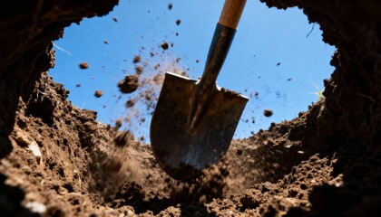 POV of a shovel digging a hole in the ground, dirt flying up against a clear blue sky