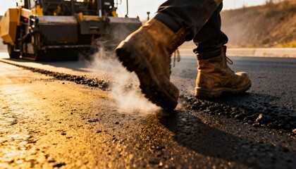 Road Construction Worker Walking on Hot Asphalt with Steam Rising, Construction Background Wallpaper with Copy Space