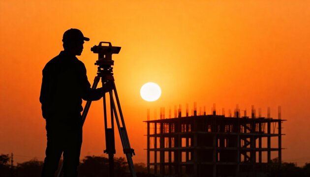 Silhouette of a surveyor using a theodolite at sunset with a building under construction, ideal for construction, engineering, and real estate backgrounds.
