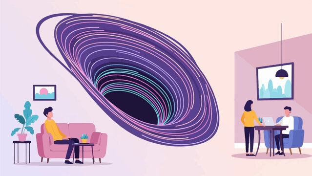 People interact amidst a surreal vortex and a modern home setting