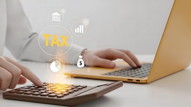 Tax Calculation and Financial Planning Concept with Calculator, Digital Tax Icons and Business Analysis