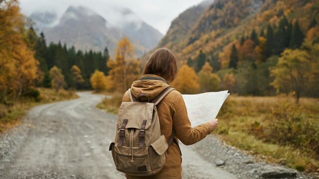 Traveler exploring rugged mountain trail holding map on adventurous outdoor journey