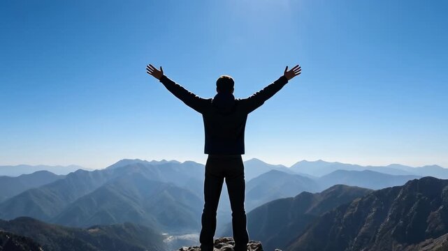 Epic mountain adventure with a lone traveler celebrating success and breathtaking nature views