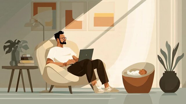 Work From Home Dad with Baby Illustration.