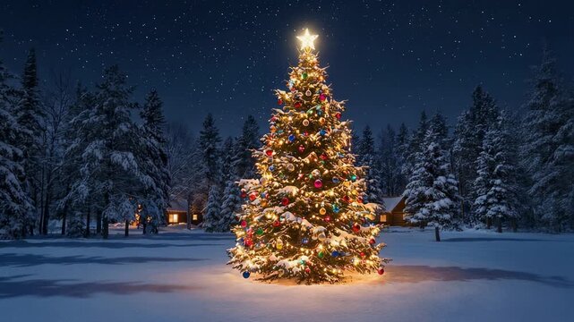 Firefly glowing in peaceful winter night with starlit sky and beautifully decorated Christmas tree outdoors