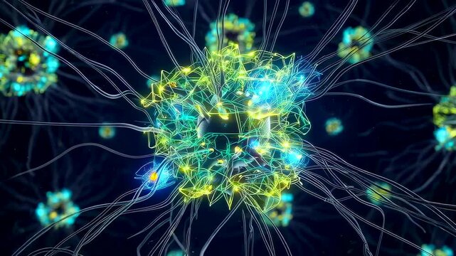 Sparkling green synaptic network with filamentous branches, Glowing green nervous system cluster exhibiting filament radiations and dynamic electrical activity in microscopic detail