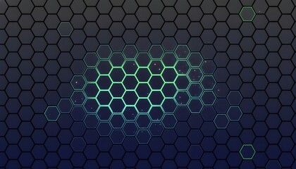 Abstract Dark Hexagonal Grid Background with Glowing Green Blue Cyberpunk Effect
