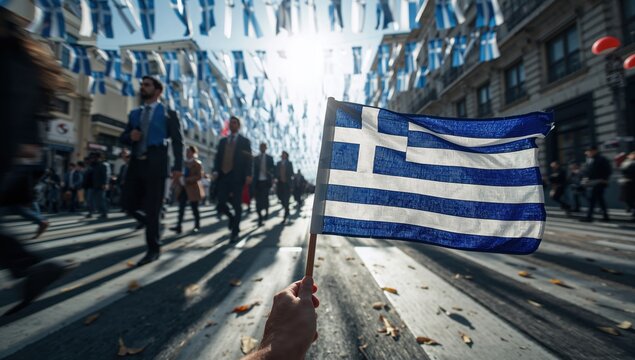 Greek flag leads procession through city streets adorned with flags