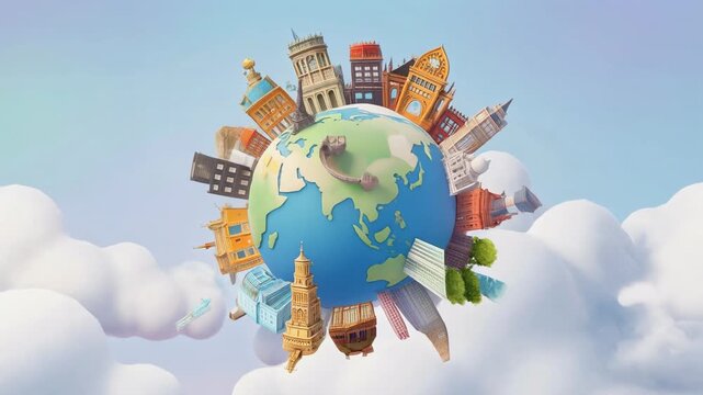 Magical globe with famous landmarks and fluffy clouds blending in a dreamy fantasy world