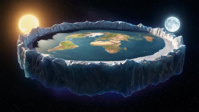 Firefly exploring a flat Earth model floating in space with radiant sun and glowing moon illumination