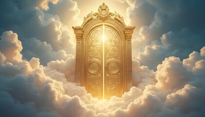 Majestic Ornate Golden Door in Fluffy White Clouds with Bright Divine Light