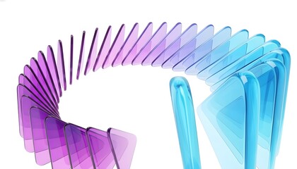 Abstract 3D render of dynamic translucent purple and blue geometric shapes in a curved gradient pattern