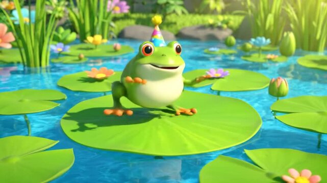Happy frog dance birthday party character on lily pad pond