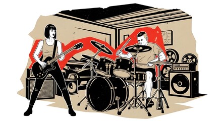 Dynamic Illustration of Rock Band Musicians Rehearsing in a Garage