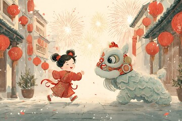 A young girl in a red dress playing with a lion dance puppet in a festive street with fireworks and lanterns