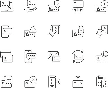Credit Card - thin line vector icon set Editable stroke. The set contains icons: Credit Card, ATM, Contactless Payment, Credit Card Reader, Mobile Payment. stock illustration Icon Symbol, Credit Card.