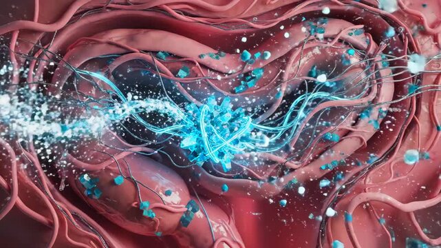 intestine mucosa showing targeted drug release with luminous therapeutic particles dispersing into lumen, mucosal absorption and microbiome interaction visualized for pharmaceutical delivery