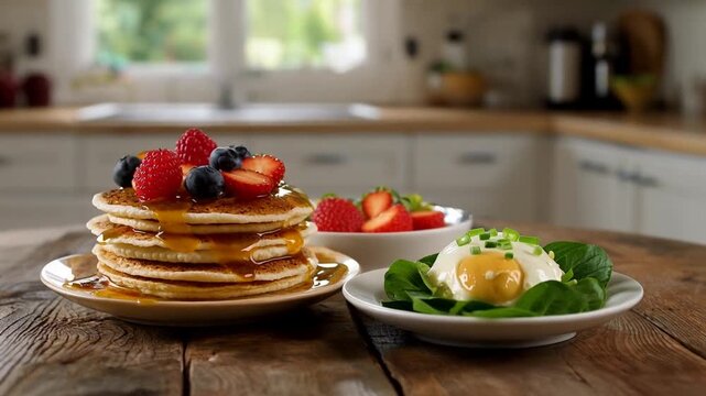 Delicious pancake stack with fresh fruit and healthy egg on kitchen table