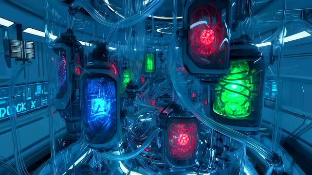 Laboratory cloning setup, Technician observes genetic growth in glowing cloning chambers, Colorful bioflasks pulse as technician oversees sterile research and genetic development process