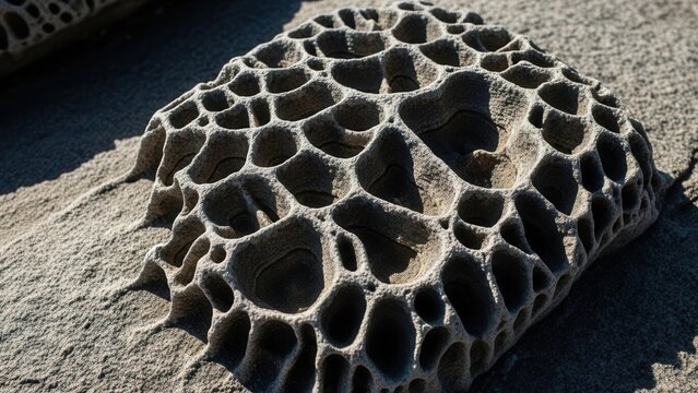 Intricate Rock Formations Sculpted By Natural Forces On A Sandy Shore