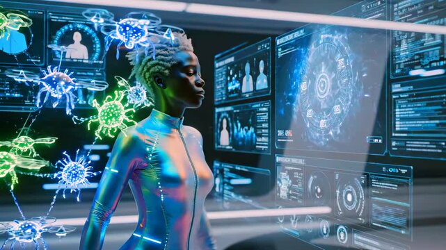 virologist interacting with augmented virus models and predictive dashboards, gesturedriven interface displays viral structure, infection simulation, containment protocols and immune