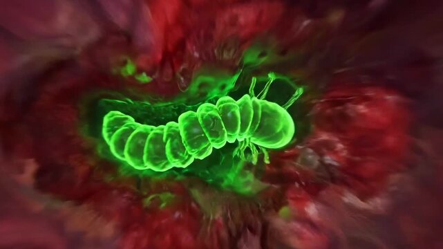 Small organism moves through channel, Tiny microbe traverses cellular passage with markings, Small microbe moves through cellular tunnel with fluorescent markers and grid structure