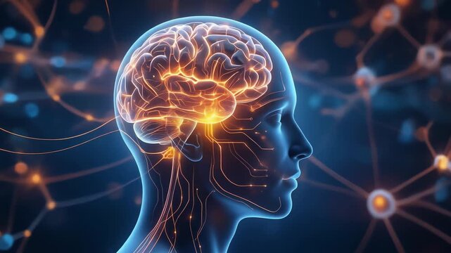 Firefly exploring glowing brain with vibrant neural activity and intricate connections in mesmerizing light animation