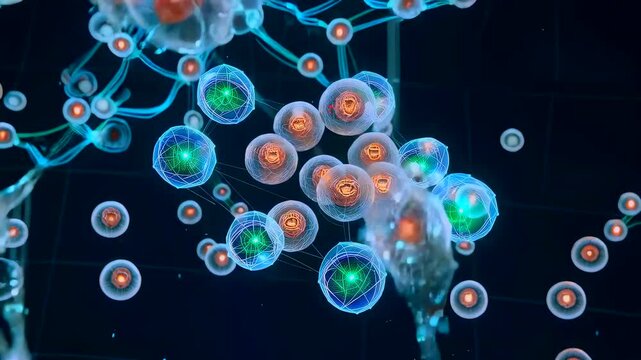 Microscopic network of glowing particles arranged precisely in complex pattern, Detailed visualization of nanoparticle configurations with vibrant core colors and geometric connections