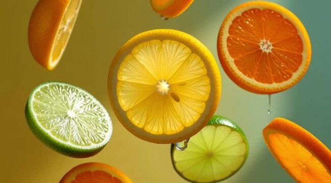 A vibrant assortment of citrus fruit slices, including lemons, limes, and oranges, suspended in mid-air against a gradient background