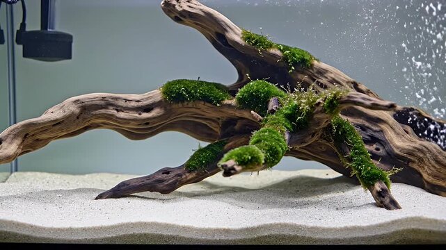 Minimalist Aquascape Tank Driftwood Centerpiece Moss Details on White Background
