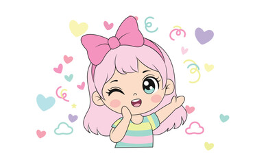 Kawaii Cartoon Girl with Pink Hair and Hearts Vector Illustration
