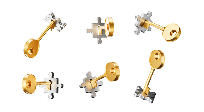 Golden keys inserted into silver puzzle piece-shaped locks, metallic style on white background. Concept of unlocking solutions and strategic success. 3D Rendering