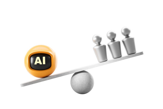 Yellow AI sphere outweighing three silver human figures on a tilted balance scale, 3D Rendering, isolated on white background, concept of AI dominance