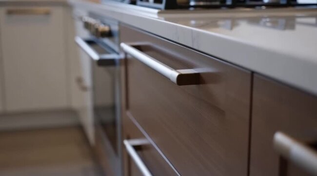 Modern kitchen cabinet handles with a sleek design on a wooden finish cabinet and marble countertop
