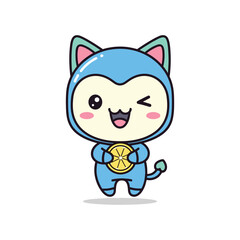 Obraz premium Cartoon cat character holding lemon slice