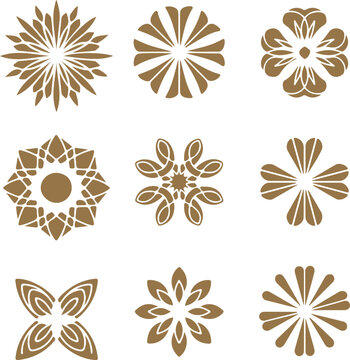 Set of elegant gold floral ornaments, geometric mandala decorative elements for wedding invitation and luxury branding