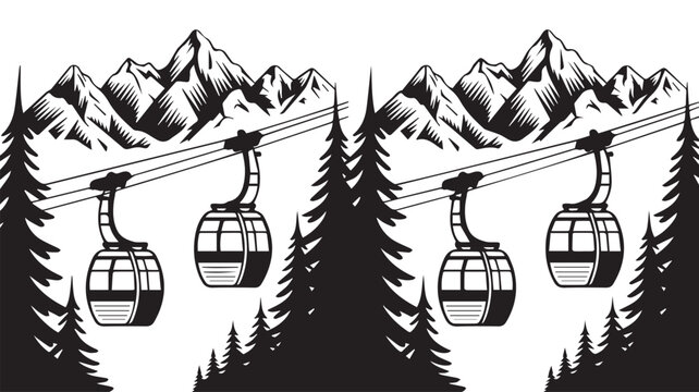 Black and white vector illustration of an alpine ski resort. Majestic mountains, evergreen trees, and ski lift gondolas are featured, ideal for winter travel and sports design
