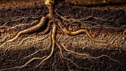 Obraz premium Intricate Root System Beneath The Earths Surface Visualizing Life Below Ground
