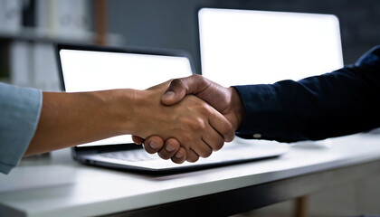 Obraz premium Business handshake across office desk with laptops blank screens professional partnership agreement contract negotiation teamwork corporate meeting collaboration concept