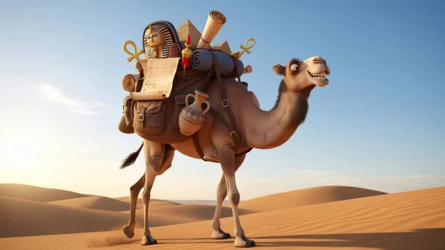 Desert scene with a happy camel carrying ancient artifacts across sandy dunes under a clear sky, animation footage.