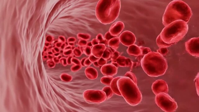 blue platelets interspersed with red erythrocytes flowing through narrow vessel, open lumen perspective showing cellular motion and microcirculation, clinical research style scene