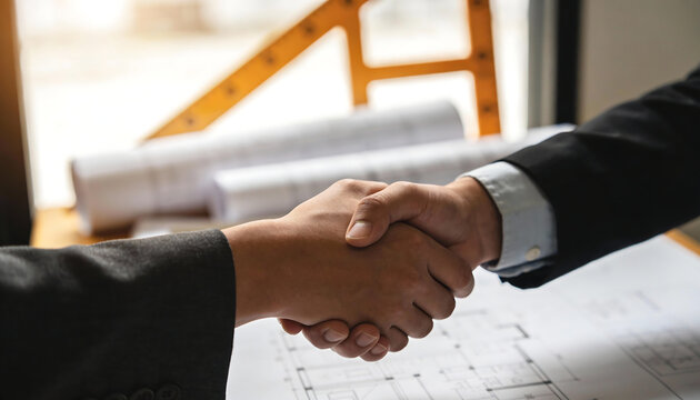 Close up handshake over architectural blueprint table construction contract agreement between contractor and client engineering project planning renovation design deal