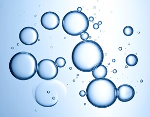 A cluster of transparent bubbles of various sizes float in a gradient blue background