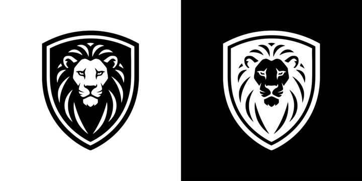 Black and white lion head logos with shield on light and dark backgrounds.