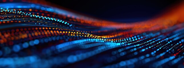 Digital data streams creating a futuristic network with glowing particles. Representing high-speed internet and big data transfer