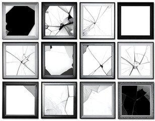 A collage of twelve broken picture frames with cracked glass